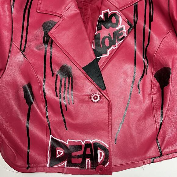 Red Faux Leather Graffiti Jacket Spikes Punk Indie Artist Streetwear OOAK Alt M - Picture 5 of 8